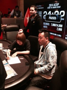 Gabriel(standing) taking a breather before the ACOP final table took off.